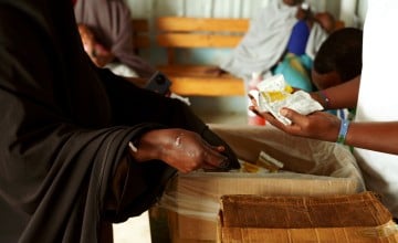 Ready-to-use therapeutic food (RUTF) is distributed at a health facility in Sinka-dheer, Somalia, supported by Concern Worldwide. Essentials like this treatmeent for malnutrition are harder to get into areas where the need is highest due to access and funding issue. Photo: Concern Worldwide
