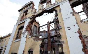 A destroyed specialised language school in Kharkiv. Photo: Jon Hozier-Byrne/Concern Worldwide