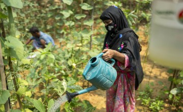 Sayed and his wife Farija at their homestead vegetable garden supported by Concern. Farija, a receiver of Concern’s training support on nutrition, home gardening and seeds production for better nutritious life and livelihood in Ukhiya, Cox's bazar. Photo: Saikat Mojumder/Concern Worldwide