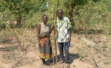 Godfrey and Agness at a new mango tree in their home garden in Lundu Village, Group Village Headman Lundu, TA Malemia, Nsanje District. Godfrey is a lead farmer and gender champion. Photo: Chris Gagnon/Concern Worldwide.