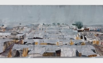 Brian Maguire, Protection of Civilians camp, Bentiu, South Sudan, 2018.  200 x 400cms arcylic on linen.