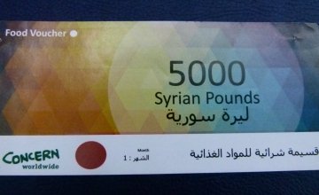 Example of the vouchers used to purchase basic food items. These food vouchers are distributed to Syrians by the Concern team and scanned by shop keepers using smartphones in the stores and markets. Photo: Concern Worldwide. 