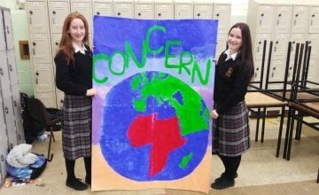 Chloe Callaghan and Maeve Dolan from Holy Family Community School, Rathcoole pictured before the 2015 Concern Fast at their school. Photo: Claire Marshall/Concern Worldwide.