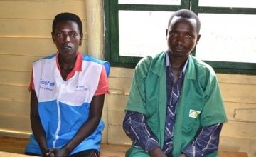 Godance Nishemezwe (left) and Bucyumi Louis (right) at the Concern Worldwide Offices in the Mahama refugee Camp for Burundians in Kirehe district, Rwanda. Photo taken by Donna Ajamboakaliza / Concern Worldwide.