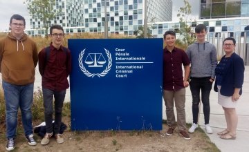 CBS Carlow debates team with teacher Claire O’Brien outside the International Criminal Court in The Hague. Photo: Concern Worldwide. 