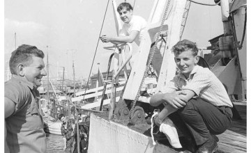 Karl Vekins saying farewell to his father, Dick Vekins, as he prepared to set sail for Biafra. Photo: Concern Worldwide