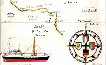 Part of a sketch by Tony O'Moore, crew member of Concern's ship, the M.V Columcille. The skettch charts the journey of the ship from Dublin to the west coast of Africa, delivering aid to people in Biafra.