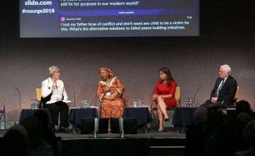 Panel for the Peacemaking and Peacebuilding discussion at Resurge2018: Former Irish Minister for Justice and Concern Board member, Nora Owen (moderator); Leymah Roberta Gbowee, Nobel Peace Laureate and President of Gbowee Peace Foundation Africa; Dr. Rim Turkmani, member of the Women’s Advisory Board to the United Nations Special Envoy to Syria; and Patrick Colgan, Special Representative of the Irish Government to the Colombian Ministry for Post Conflict. Photo: Photocall Ireland. 