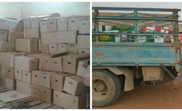 Food baskets being delivered to Syrian families by the Concern team. They contains food like bulgur wheat, rice, oil, and sugar to help ensure that families can meet their basic needs. Photo: Concern Worldwide.