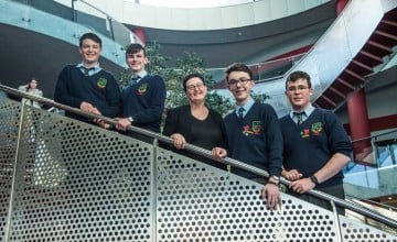 CBS Carlow team with teacher Claire O’Brien at Concern Debates final 2017 in the Helix, Dublin. Photo: Ruth Medjber/Concern Worldwide. 