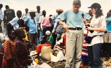 Patricia O'Hallahan interviewing Dominic MacSorley who headed up Concern's emergency response in the wake of the Rwandan genocide. Photo: Concern Worldwide. 