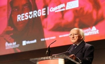 President of Ireland Michael D. Higgins speaking at Concern Worldwide's 'Resurge' 50th anniversary conference at Dublin Castle on September 7, 2018