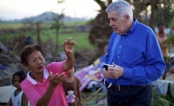Woman who lost home to Typhoon Haiyan speaks to Concern Chief Executive Dominic MacSorley