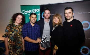 Concern Director of Communications Sarah Martin alongside Cannes Young Lions Winners Eric and Kieran, GAA star Michael Daragh Macauley, and IAPI CEO Stoney. Photo: Concern Worldwide. 