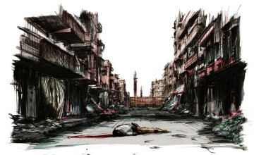 The female household from Six Years of War, Six Shattered Lives - an illustration series to mark six years of war in Syria. Artist: Marc Corrigan