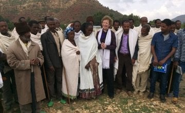UN Special Envoy for El Niño and Climate Mary Robinson with farmers at Gergera Watershed supported by Irish Aid, the Irish Embassy in Ethiopia and Concern. Photo: Concern Worldwide.