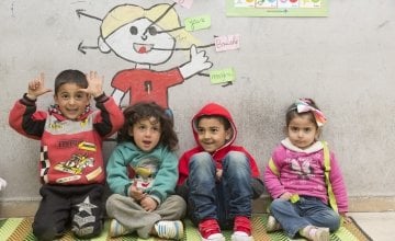 Kareem and his friends taking part in Concern’s non-formal education programme at a learning centre in north Lebanon. The children in this class are aged between three and five. Photo: Chantale Fahmi/Concern Worldwide 2017.