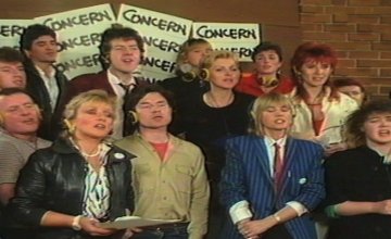 Irish musicians and broadcasters with The Concerned singing Show Some Concern at Windmill Lane Studios in 1985