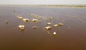 Aerial view of houses underwater in Jhuddo town of District Mirpurkhas of Sindh, Pakistan. Photo: Emmanuel Guddo/Concern Worldwide