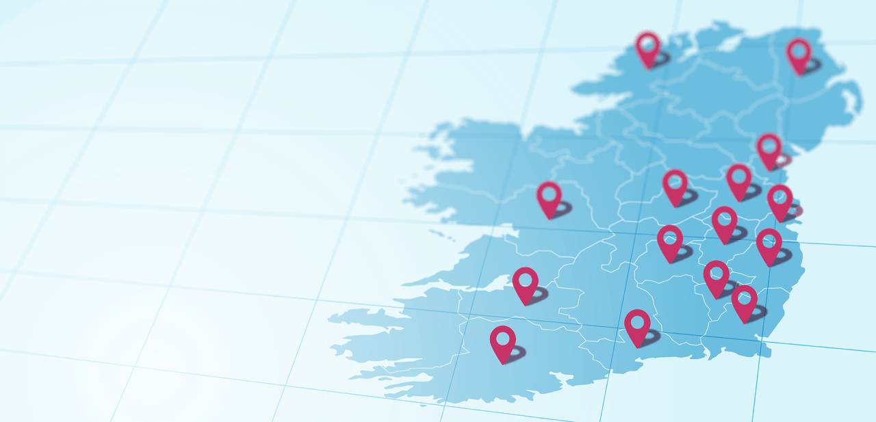 Map of Ireland with pins showing where Project Us has visited