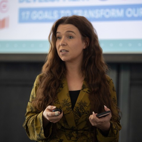 Jessica Maguire, Project Us Coordinator runs and Project Us world café focusing on Climate Action. Pictured at Concern’s annual Agents of Change event in Croke Park. Photo: Ruth Medjber / Concern Worldwide.