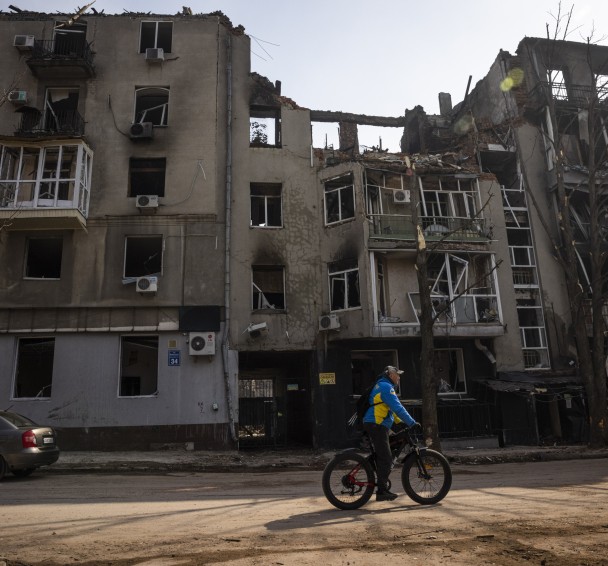 Buildings lie in ruins in central Kharkiv, Ukraine