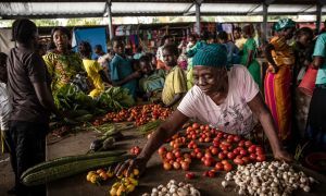 A woman displays her vegetables for sale at a central market in DRC