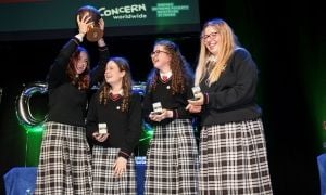 Concern Debates champions from Hazelwood College Aisling O&#039;Connor, Amy O&#039;Gorman, Regina Burke and Lucy O&#039;Gorman at The Helix, Dublin in a competition that 177 contested...