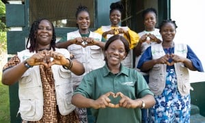 Concern Liberia team members Etmaralyn, Macee, WQueta, Antoinette, Susan, and Pandora at Concern&#039;s programme office in Buchanan. (Photo: Kieran McConville/Concern Worldwide)