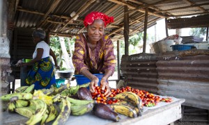 Favor B Tarr, with some of the produce from her vegetable farm at Kaytor Town, Grand Bassa, Liberia. The community is being supported by Concern in an integrated programme called IFANCI, funded by the LDSCC. (Photo: Kieran McConville/Concern Worldwide)