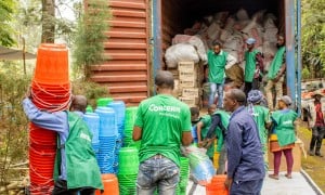 Concern staff distributing household and hygiene kits in DRC