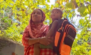 Hosenare Aktar (28) is a mother of 2. She has two sons Sakib (10) and Rakib (2) pictured. Before CRAAIN, Hosenare had never farmed before. Concern gave her training, seeds and goats. Now she has ducks, goats and an abundance of vegetables all because of Concern. She also employs a lot of climate smart agriculture like growing in bags and making compost and growing on elevated terraces. Photo: Gavin Douglas/ Concern Worldwide