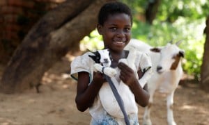 Omega (9) with her goat in Mchiliko, Nsanje. Photo: Jon Hozier-Byrne/Concern Worldwide