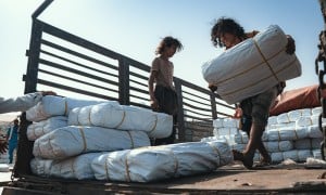 Concern team distribute shelter materials to people affected by the sandstorm that struck Al Anad IDP Camp, Tuban District. Photo: Ammar Khalaf/Concern Worldwide