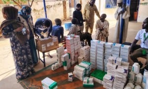 A Concern Worldwide team delivering vital supplies of medicine to the Alryad health facility, El Geneina, Sudan.