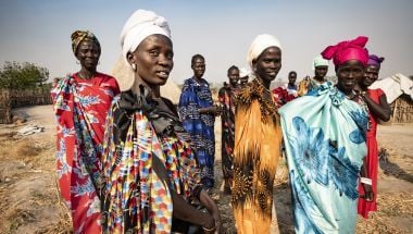 A volunteer network of local women in Gandor, Leer District, South Sudan, participate in a mental health peer support group, preaching the benefits of antenatal checks and good hygiene to help cut child deaths and maternal deaths in childbirth. Simon Townsley/Panos Pictures 2020.