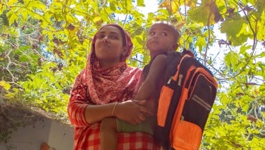 Hosenare Aktar (28) is a mother of 2. She has two sons Sakib (10) and Rakib (2) pictured. Before CRAAIN, Hosenare had never farmed before. Concern gave her training, seeds and goats. Now she has ducks, goats and an abundance of vegetables all because of Concern. She also employs a lot of climate smart agriculture like growing in bags and making compost and growing on elevated terraces. Photo: Gavin Douglas/ Concern Worldwide