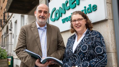 Concern Worldwide Chief Executive Officer Dominic Crowley and Chair Rosalyn Tamming with the 2025 Annual Report. Photo: Jon Hozier-Byrne/Concern Worldwide