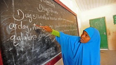 Aamun (name changed to protect identity) attending class at &#039;21st November School&#039; which is supported by Concern Worldwide. Somalia, 2015. Photo: Mohamed Abdiwahab.