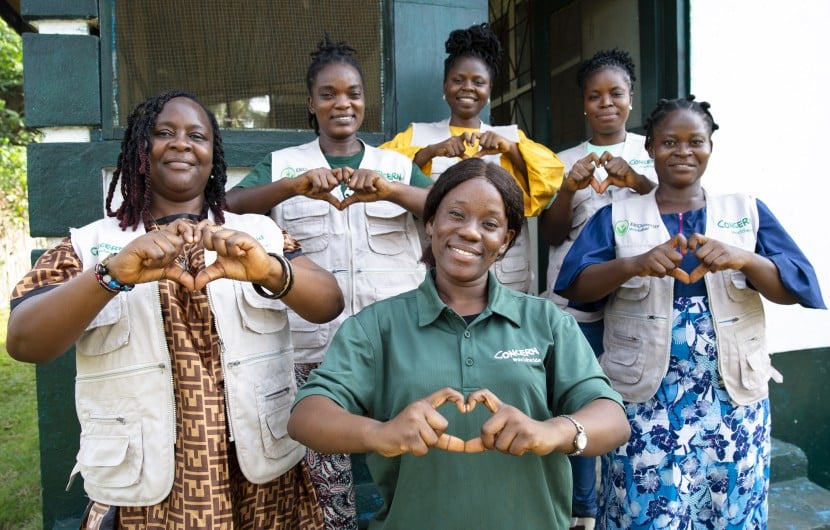 Concern Liberia team members Etmaralyn, Macee, WQueta, Antoinette, Susan, and Pandora at Concern's programme office in Buchanan. (Photo: Kieran McConville/Concern Worldwide)