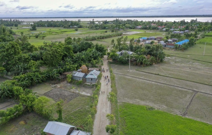 A four-foot-high, 2,241-foot-long flood-resilient road now bridges the east and west of Vati Kapasia, Bangladesh. The raised road, a lifeline for the local community, was constructed in July 2024 by Gana Unnayan Kendra with support from Concern Worldwide and funded by the Z Zurich Foundation”. Photo: Saikat Mojumder/Concern Worldwide