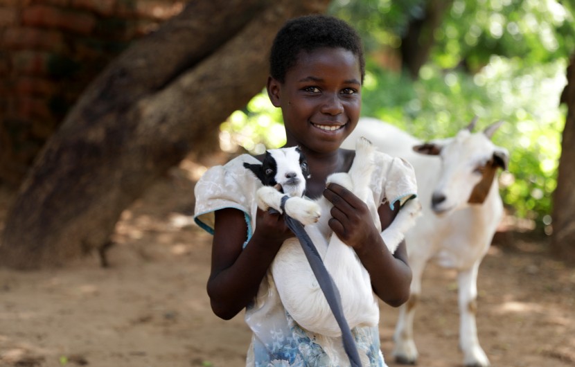 Omega (9) with her goat in Mchiliko, Nsanje. Photo: Jon Hozier-Byrne/Concern Worldwide