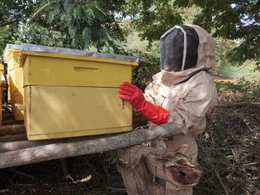 Guyo Abajilo, an Apiculture specialist, stands next to beehives