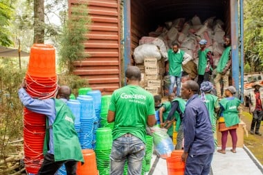 Concern staff members organise the distribution of household and hygiene kits 
