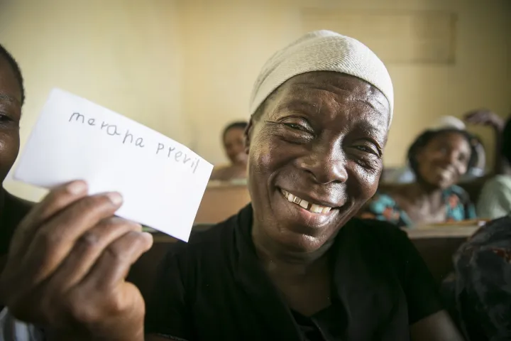 Merana Previl (63) at her literacy-training course in Cité Soleil, Port au Prince, Haiti. Photo: Kieran McConville/ Concern Worldwide. Merana Previl (63) at her literacy-training course in Cité Soleil, Port au Prince, Haiti. Photo: Kieran McConville/ Concern Worldwide.