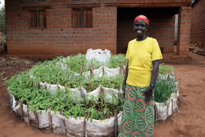 Renate is making more nutritious meals with her home garden in Kirundo, Burundi. Photo: Darren Vaughan / Concern Worldwide Renate is making more nutritious meals with her home garden in Kirundo, Burundi. Photo: Darren Vaughan / Concern Worldwide
