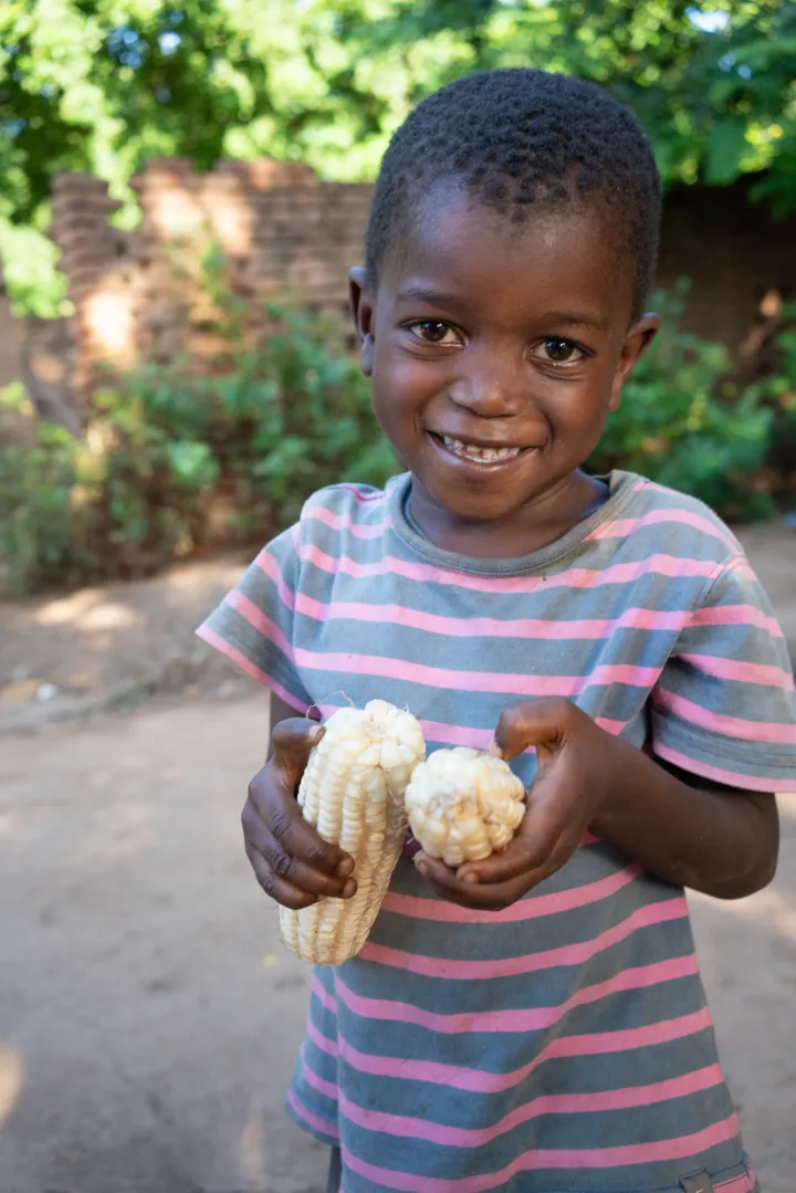 Frank (4) with some of her family’s maize from the harvest. Her parents bought their seeds for this farming season from Concern Worldwide, in Nsanje District, Malawi. Photo: Chris Gagnon / Concern Worldwide.