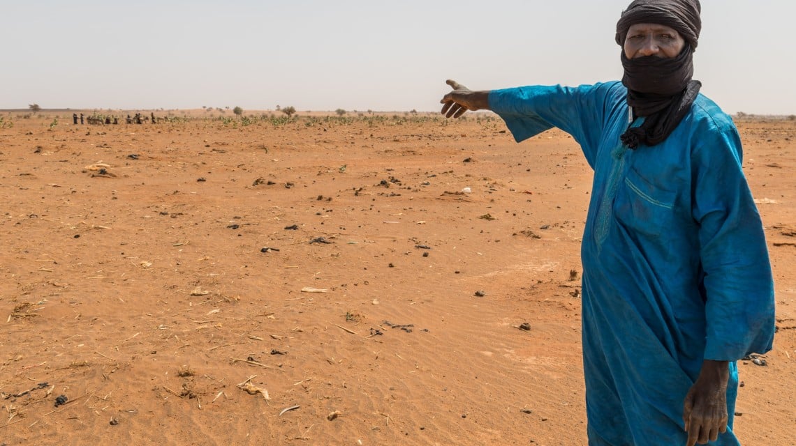 Mahamadou Islam Garmazaye is the Chief of Garmazaye village. He is pointing here to the arid land that has seen very poor harvests for the last five years. Photo: Apsatou Bagaya / Concern Worldwide.