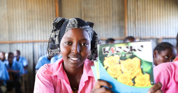 Kabale Halkamo received a back to school kit including books, soap, solar lamps, uniform, shoes, school supplies and sanitary towels from Concern Worldwide, Maikona Primary School, Maikona, Kenya Photo: Jennifer Nolan/ Concern Worldwide.