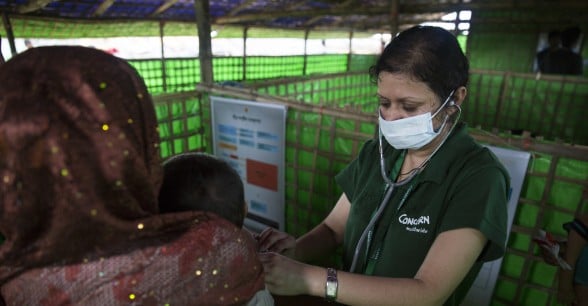 Nutrition Coordinator, Dr. Musharrat Jahan, at Concern Worldwide's Nutrition Support Centre at Hakim Para camp in Cox's Bazar, Bangladesh. Photo: Kieran McConville / Concern Worldwide.
